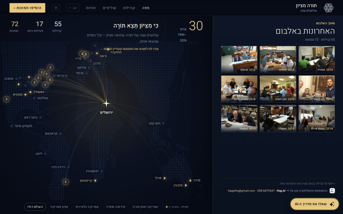 The Torah MiTzion 30 archive: a dark map centred on Jerusalem with arcs to communities worldwide, and the latest photographs